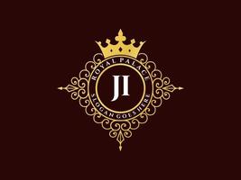 brev ji antik kunglig lyx victorian logotyp med dekorativ ram. vektor