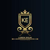 ke brev första med kunglig mall.elegant med krona logotyp vektor, kreativ text logotyp vektor illustration.