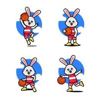 uppsättning av Lycklig söt kanin spelar basketboll vektor