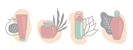 samling av hudvård Produkter med blommig element. uppsättning av annorlunda rör och flaskor med rengöringsmedel, lotioner, fuktkrämer, serum. platt vektor illustration