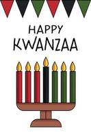 Lycklig kwanzaa hälsning kort med kinara och sju ljus, flagga flaggväv, platt illustration. söt enkel vertikal affisch för afrikansk amerikan kwanzaa firande Semester. vektor