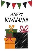 glückliche kwanzaa-grußkarte mit geschenkboxstapel, flaggenflagge. süßes einfaches vertikales plakat für afroamerikanische kwanzaa-feiern. vektor