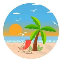 sommar logotyp med handflatan och Sol vilstol på de sandig strand. sommar strand illustration. vektor stock illustration.