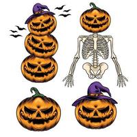 Satz Halloween-Kürbisse mit Skelett und Fledermäusen. Vektor-Illustration vektor