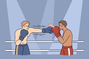 manlig boxare i handskar bekämpa på kvadrat ringa. stark kraftfull idrottsmän eller kämpe konkurrera stansning på muay thai boxning konkurrens. bekämpa sport begrepp. platt vektor illustration.