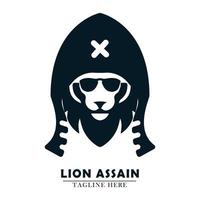 lejon huvud bär mördare begrepp huva och glasögon logotyp ikon vektor