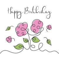 Lycklig födelsedag ett linje konst hälsning kort. kontinuerlig ett linje teckning med blommor och löv. minimalistisk vektor illustration