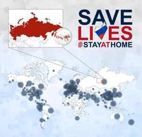 weltkarte mit fällen von coronavirus konzentrieren sich auf russland, covid-19-krankheit in russland. Slogan Leben retten mit Flagge Russlands. vektor