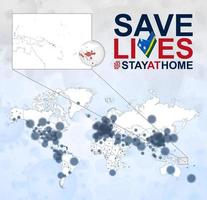 weltkarte mit fällen von coronavirus konzentrieren sich auf die salomoneninseln, die covid-19-krankheit auf den salomoneninseln. Slogan Leben retten mit Flagge der Salomonen. vektor