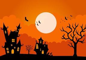 Halloween-Hintergrund mit 1 Schloss und 1 altem Haus, fliegenden Fledermäusen, Hexenhaus. orangefarbener Halloween-Hintergrund vektor