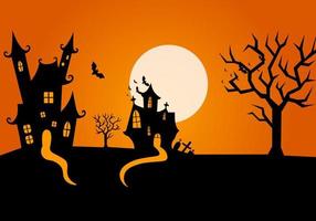 halloween bakgrund med 1 slott och 1 gammal hus, fladdermöss flygande, häxa häxa hus. orange halloween bakgrund vektor