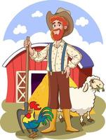 tecknad serie vektor illustration av en söt jordbrukare stående i främre av hans bondgård.