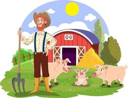 zeichentrickfiguren und schweine auf dem bauernhof. Bauernhof-Hintergrund. vektor