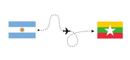 Flug und Reise von Argentinien nach Myanmar mit dem Reisekonzept für Passagierflugzeuge vektor