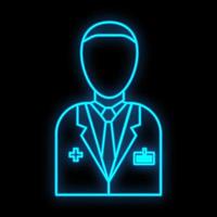 ljus lysande blå medicinsk digital neon tecken för en apotek eller sjukhus Lagra skön skinande med en läkare på en svart bakgrund. vektor illustration