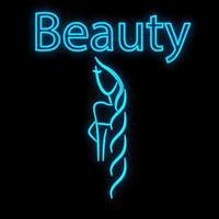 ljus lysande blå neon tecken för en skönhet salong skön skinande skönhet spa med en kvinna ansikte och hår på en svart bakgrund. vektor illustration