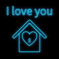 ljus lysande blå festlig digital neon tecken för en Lagra eller kort skön skinande med en kärlek hus med en hjärta på en svart bakgrund och de inskrift jag kärlek du. vektor illustration