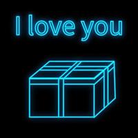 ljus lysande blå festlig digital neon tecken för en Lagra eller kort skön skinande med en kärlek gåva låda på en svart bakgrund och de inskrift jag kärlek du. vektor illustration