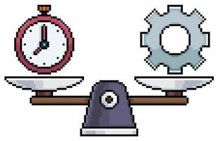 Pixelkunstwaage mit Uhr- und Gangvektorsymbol für 8-Bit-Spiel auf weißem Hintergrund vektor
