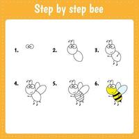 pädagogisches Arbeitsblatt für Kinder. schritt für schritt zeichnung illustration. Biene. Insekt. Aktivitätsseite für die Vorschulerziehung. vektor