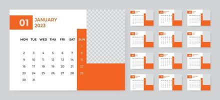 en gång i månaden skrivbord kalender mall för 2023 år. vecka börjar på måndag vektor