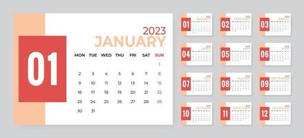 en gång i månaden skrivbord kalender mall för 2023 år. vecka börjar på måndag vektor