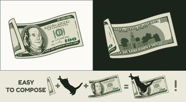 wellig gefaltete amerikanische 100-Dollar-Banknote mit Vorder- und Rückseite. fallende, fliegende Banknote. Bargeld. In zwei Teile geteilt, um ein einfaches Design zu ermöglichen. detaillierte vektorabbildung vektor