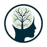 weiblicher Kopf mit Gehirnbaum-Logokonzept. organisches Brain Tree Mind-Konzeptdesign. vektor