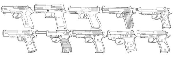 satz von grafischen schwarz-weiß detaillierten handfeuerwaffenpistolen. isoliert auf weißem Hintergrund. Vektorsatz. vektor
