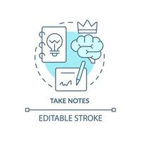 Notizen machen türkisfarbenes Konzeptsymbol. Informationsaufzeichnungen. lerntechnik abstrakte idee dünne linie illustration. isolierte Umrisszeichnung. editierbarer Strich. vektor