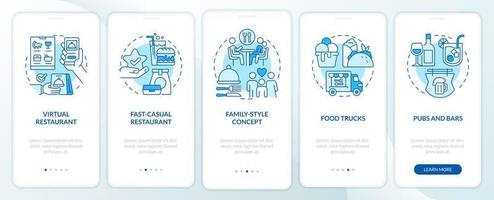 Arten von Restaurants blauer Onboarding-Bildschirm der mobilen App. Kneipen, Bars Walkthrough 5 Schritte bearbeitbare grafische Anweisungen mit linearen Konzepten. ui, ux, gui-Vorlage. vektor