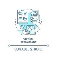 virtuell restaurang turkos begrepp ikon. kommersiell mat service etablering abstrakt aning tunn linje illustration. isolerat översikt teckning. redigerbar stroke. vektor