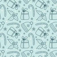 weihnachtsgekritzel nahtloses muster mit schneeflocken, geschenkbox, stechpalme, hut, zuckerstange. blauer winterhintergrund für ein geschenkpapier, geschenkpapier, tapeten, scrapbooking. handgezeichnete Abbildung. vektor