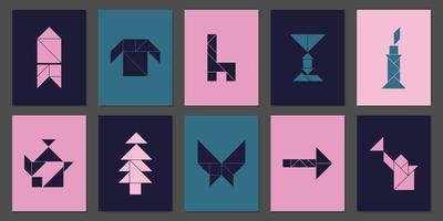 geometrisk posters med 10 annorlunda tangram objekt. geometrisk former omslag design. kontursåg för ungar. vektor illustration.