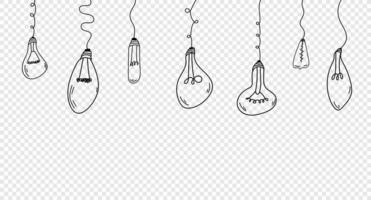 uppsättning av hängande ljus Glödlampa med klotter hand dragen stil. ljus Glödlampa uppsättning. klotter hand dragen skiss stil lampa. glödlampa med linje kurva. vektor illustration