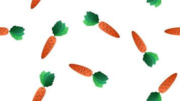 Karotten auf weißem Hintergrund, Vektorillustration, Muster. Helle, orangefarbene, lange Karotten mit einem üppigen grünen Schwanz, Gemüseernte, veganes Essen. Rohkostdiät. Tapete für veganes Café. Zeichnung vektor