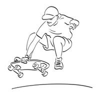 männlicher skateboarder, der eine trickillustrationsvektorhand tut, die lokalisiert auf weißer hintergrundlinie kunst gezeichnet wird. vektor