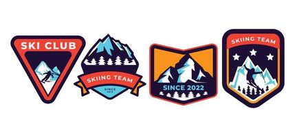 uppsättning av åka skidor patrullera, åka skidor tillflykt, is berg märken och logotyp plåster. vinter- högtider extrem sporter logotyp. vektor