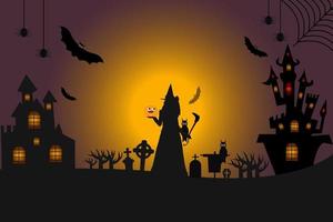 halloween bakgrund copyspace, mystisk landskap gravsten kyrkogård, tecknad film häxa hus, hemsökt hus, pumpor Uggla och fladdermöss.läskigt horor tecknad serie scen. vektor