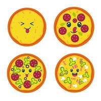 hela söt pizza i annorlunda smaker. snabb mat illustration vektor