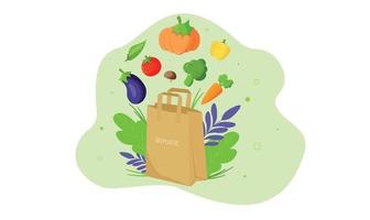 Gemüse. Gemüseset. Gemüse mit einer Tüte oder Tüte. Öko-Tasche, Öko-Tasche. Öko-Poster, Öko-Banner. Kürbis, Tomaten, Auberginen, Pilze, Brokkoli, Karotten, Paprika. vektor