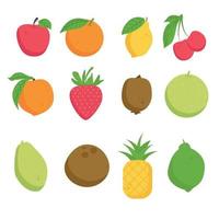 en uppsättning av målad frukter. äpple orange kalk citron- körsbär persika jordgubb kiwi melon papaya kokos ananas vektor