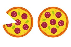 hela pizza med salami pålägg. snabb mat illustration vektor