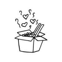 Nudeln in einer Schachtel, Essstäbchen und Dampf mit handgezeichneten Herzen im Doodle-Stil. Symbol, Aufkleber. skandinavisch, einfach, minimalistisch, einfarbig vektor