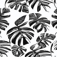exotisk löv sömlös mönster i svart och vit. eleganta abstrakt vektor dekorativ bakgrund. tropisk handflatan löv, djungel blad sömlös vektor blommig mönster. grunge tropisk stil tapet.