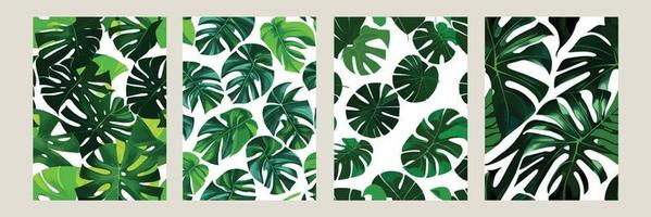 grön monstera som en mönster på en vit bakgrund. exotisk mönster med tropisk löv. vektor illustration. uppsättning av fyrkant posters