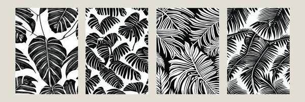 uppsättning exotisk löv sömlös mönster svart vit. eleganta abstrakt vektor dekorativ bakgrund. tropisk handflatan löv, djungel blad sömlös vektor blommig mönster. grunge tropisk stil tapet.