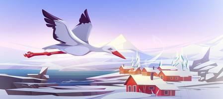 vit stork vild fågel flygande på vinter- landskap vektor
