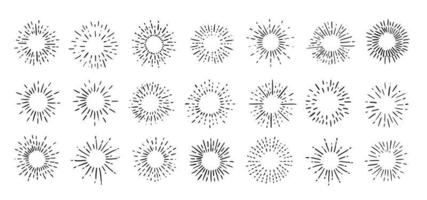 Feuerwerk handgezeichnete Symbole gesetzt. Bilder von Sonnenstrahlen. Vektor. vektor