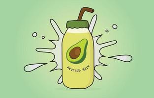 flaskor för mjölk stänk med avokado frukt. vektor illustration använda sig av för baner, affisch, hemsida, logotyp, varumärke.